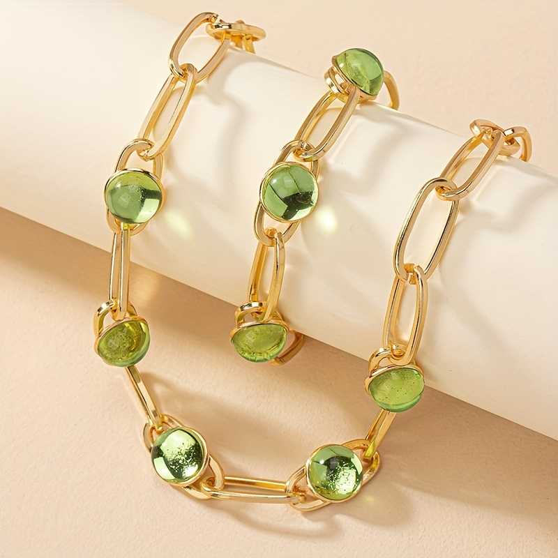 14k Gold Plated Necklace and Bracelet Set with Inlaid Green Waterish Glass