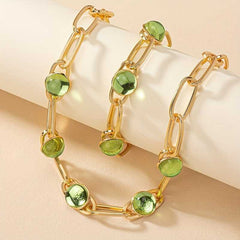 14k Gold Plated Necklace and Bracelet Set with Inlaid Green Waterish Glass