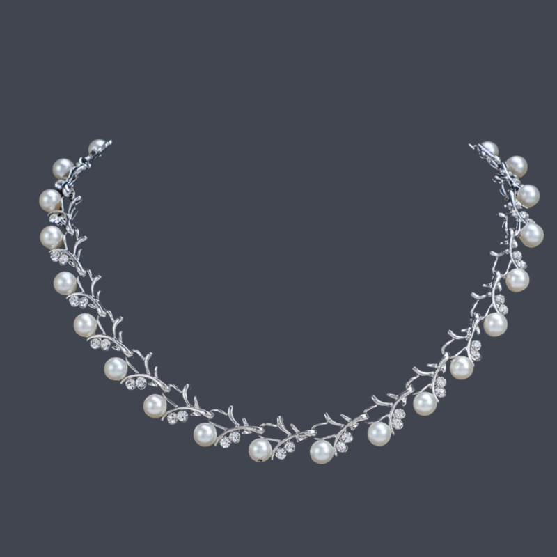 Silver Fashion Jewelry Set for Women Modern Inlaid Faux Pearl Necklace and Earrings