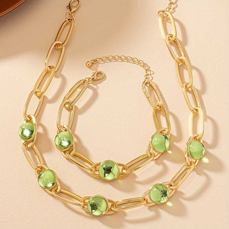 14k Gold Plated Necklace and Bracelet Set with Inlaid Green Waterish Glass