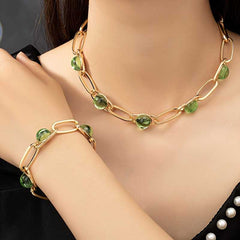 14k Gold Plated Necklace and Bracelet Set with Inlaid Green Waterish Glass