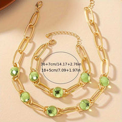 14k Gold Plated Necklace and Bracelet Set with Inlaid Green Waterish Glass
