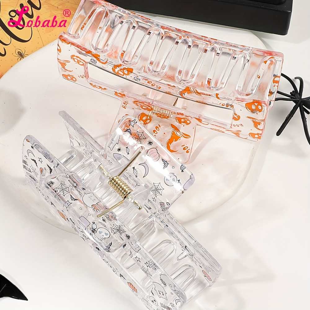 Halloween Hair Claw Set of 3 Large Rectangular Clips with Skull Prints