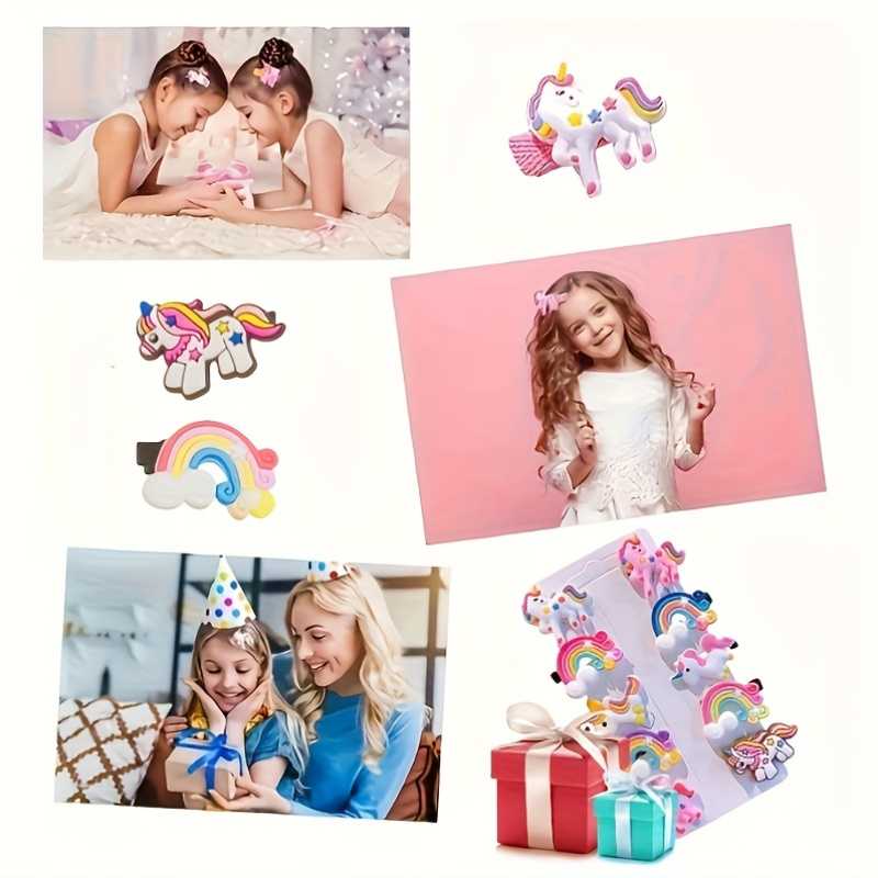 10pcs Adorable Resin Hair Clips Set for Girls Rainbow and Unicorn Designs