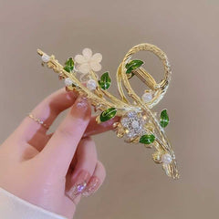 Elegant Floral Hair Claw with Faux Pearls and Rhinestones Decoration