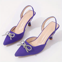 Rhinestone Bow Stiletto Sandals Satin Slingback High Heels