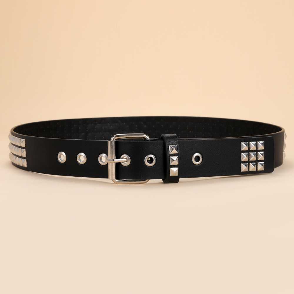 Studded Black Punk Rock Rivet Belt with Pyramid Studs and Grommet Threads