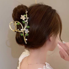 Elegant Floral Hair Claw with Faux Pearls and Rhinestones Decoration