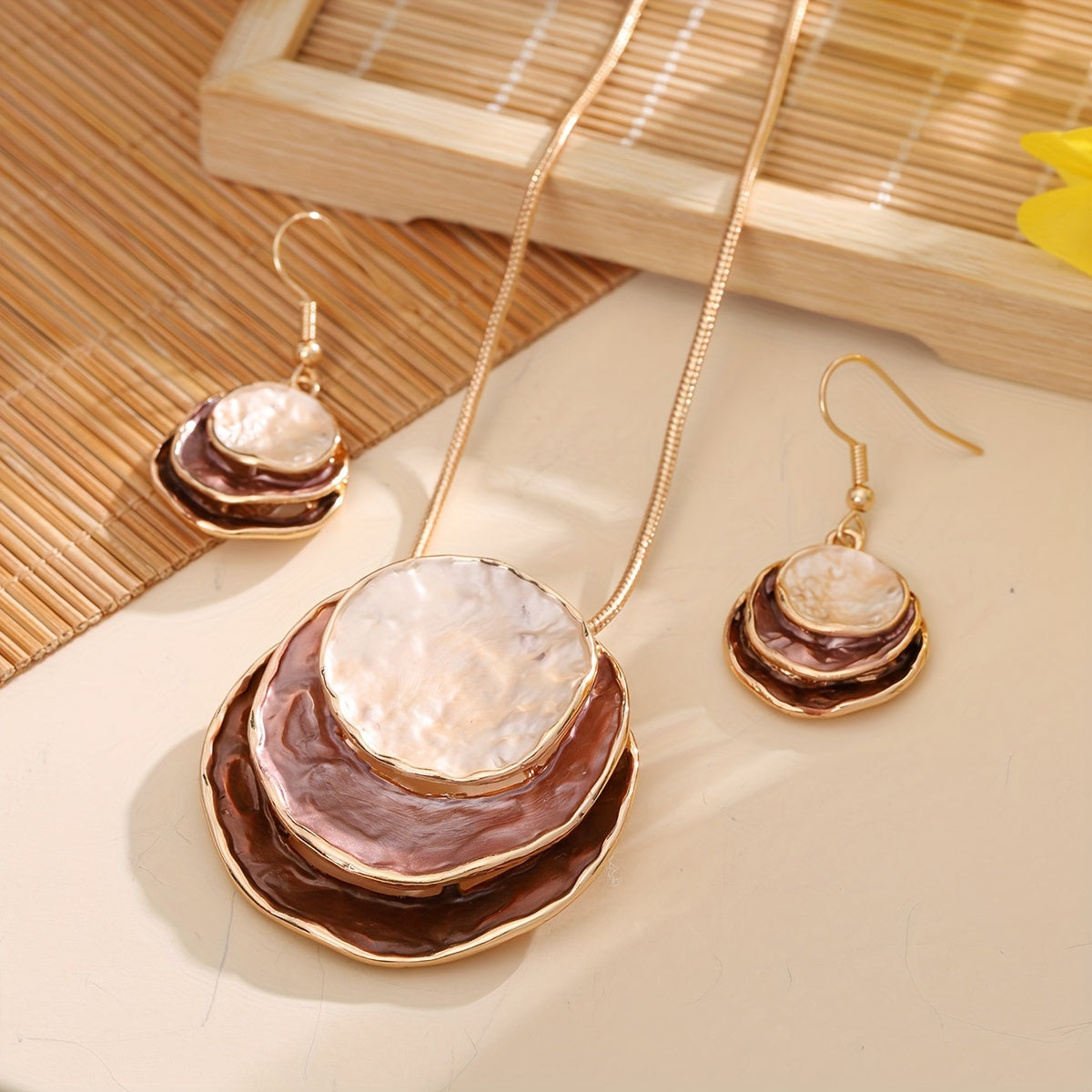 Multi Layer Circular Enamel Jewelry Set Necklace and Earrings For Women