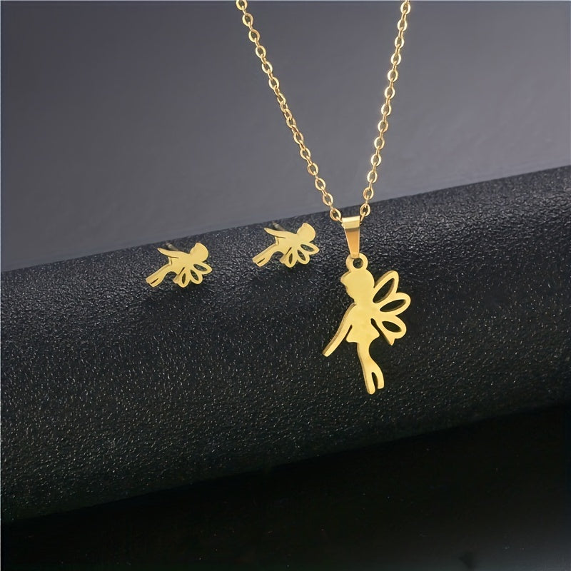 Gold Plated Stainless Steel Angel Pendant Necklace and Earrings Set