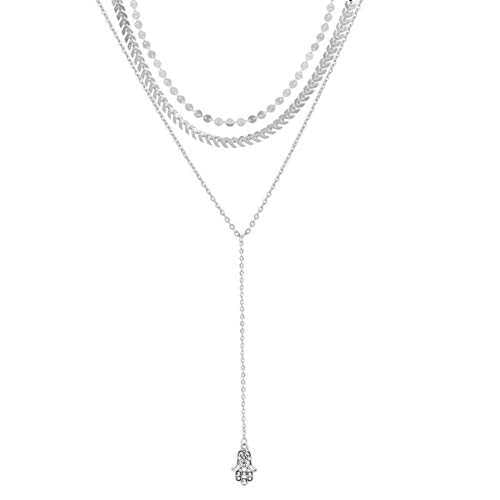Women's three layered Boho Fishbone Choker Palm Pendant Necklace