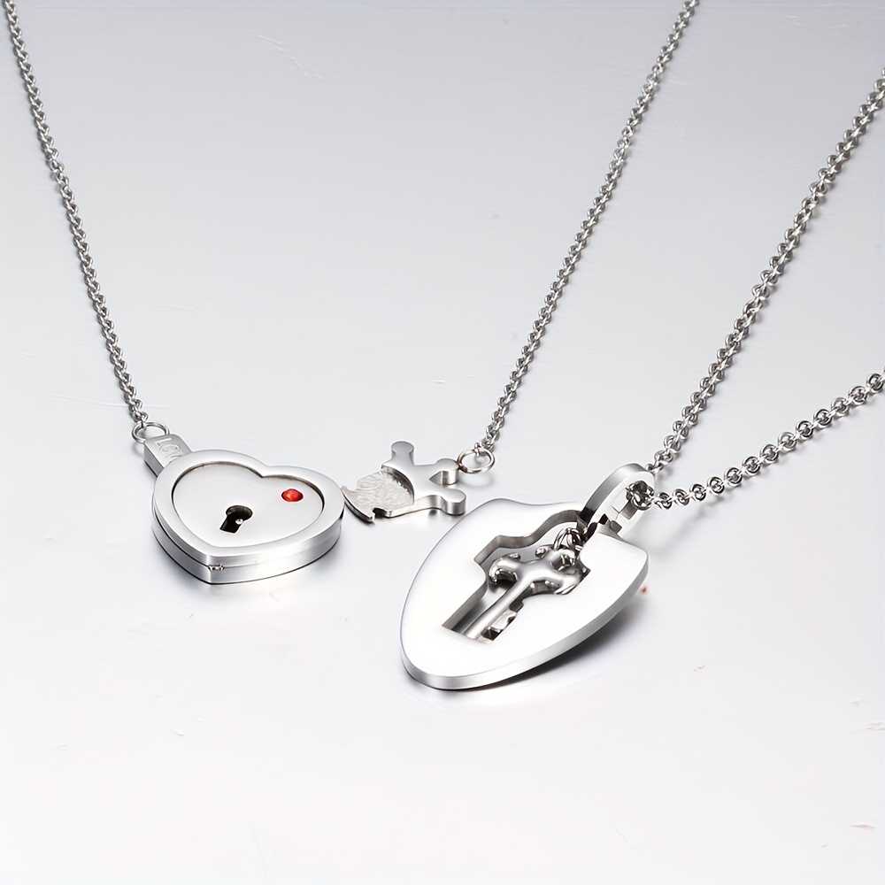 Women's Silver Plated Pair Of Lock And Key Pendant Necklaces