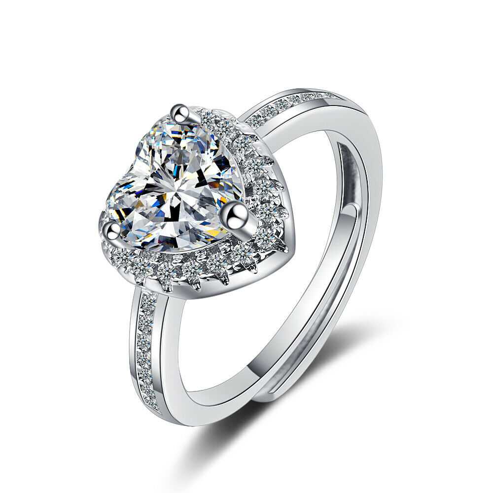 Women's Adjustable  Zirconia Heart Silver Plated Ring