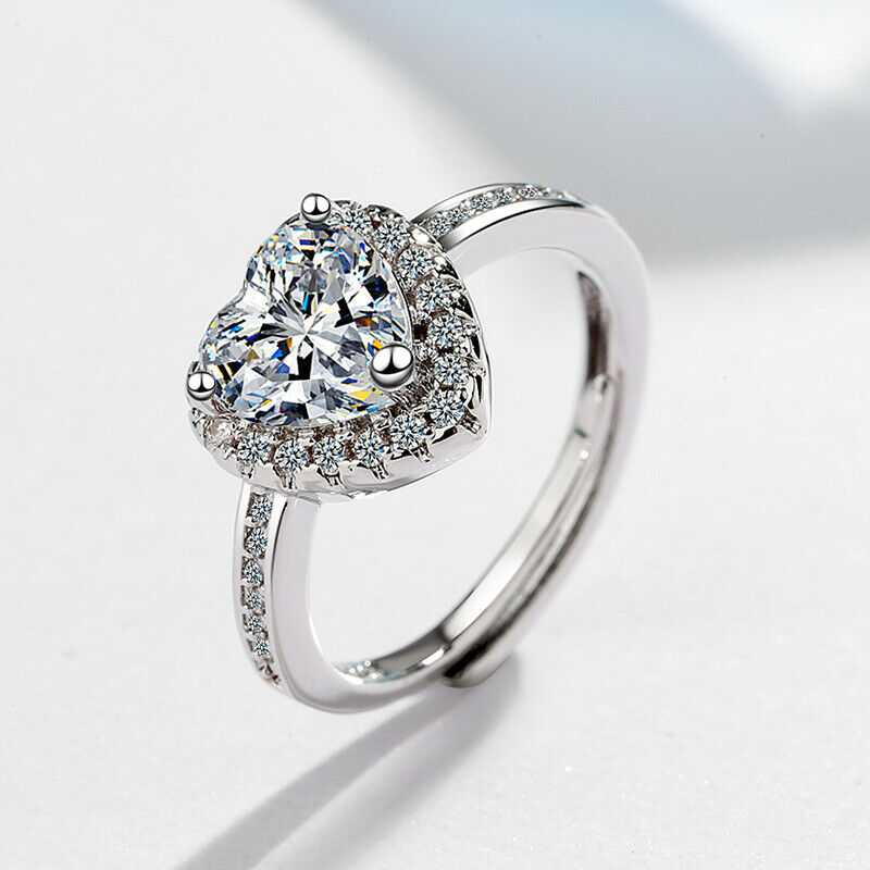 Women's Adjustable  Zirconia Heart Silver Plated Ring