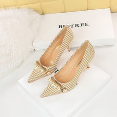 Metal Chain & Faux Pearl High Heel Pumps Houndstooth Stiletto Heels