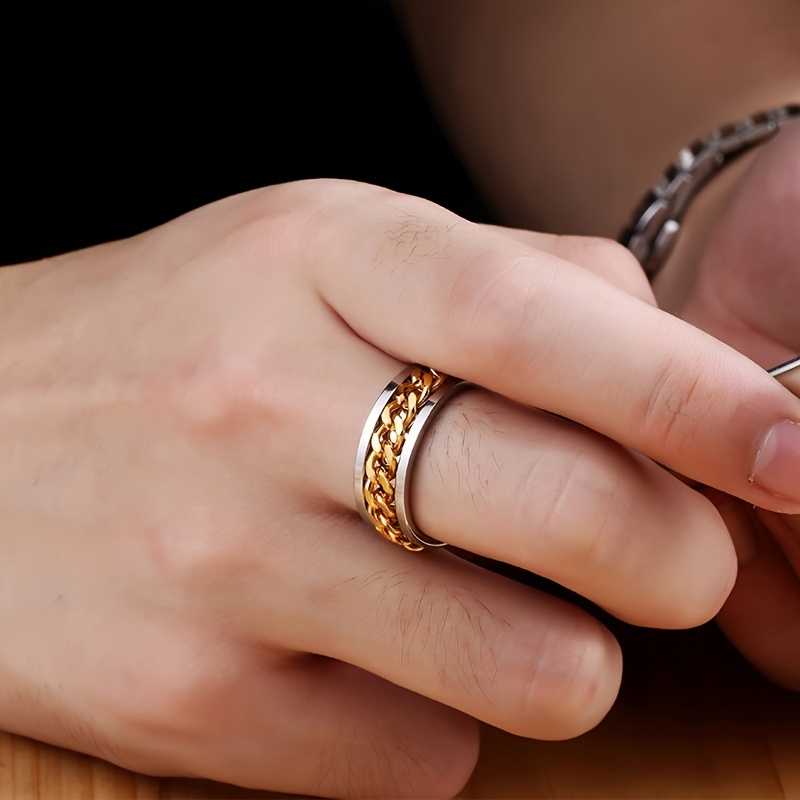 Unisex Silver Plated Fidget Spin Ring With Inlay Chain
