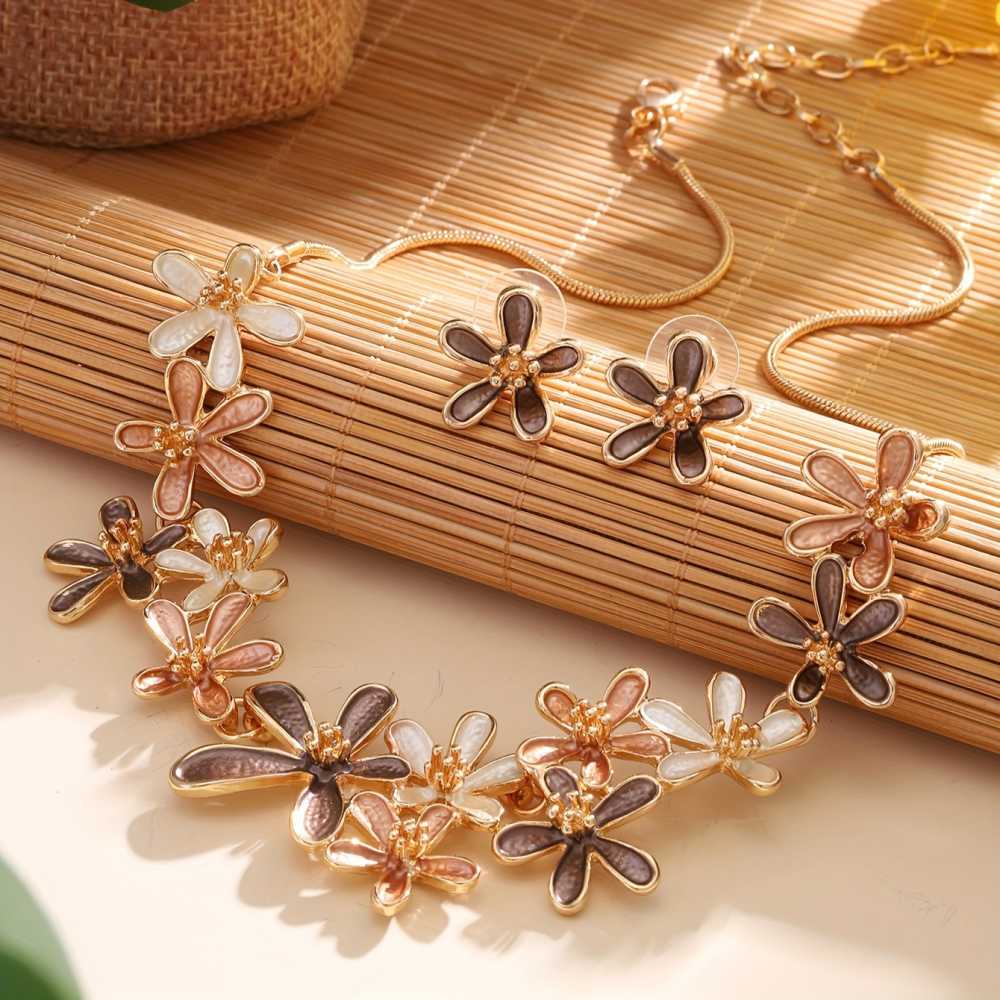 Chic French Vintage Inspired Enamel Floral Jewelry Set for Women