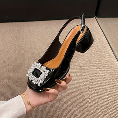 Women's Chunky Heel Sandals with Rhinestone Decor