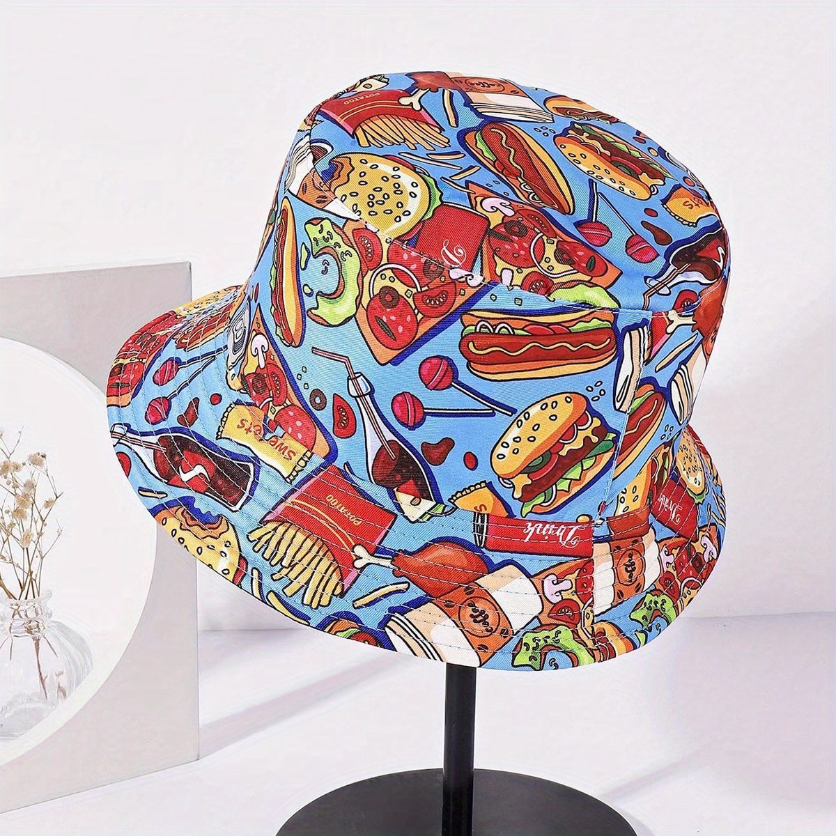 Unisex Sunshade Bucket Hat with Hamburger and Cola Print Double-sided Sun Hat