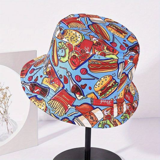 Unisex Sunshade Bucket Hat with Hamburger and Cola Print Double-sided Sun Hat