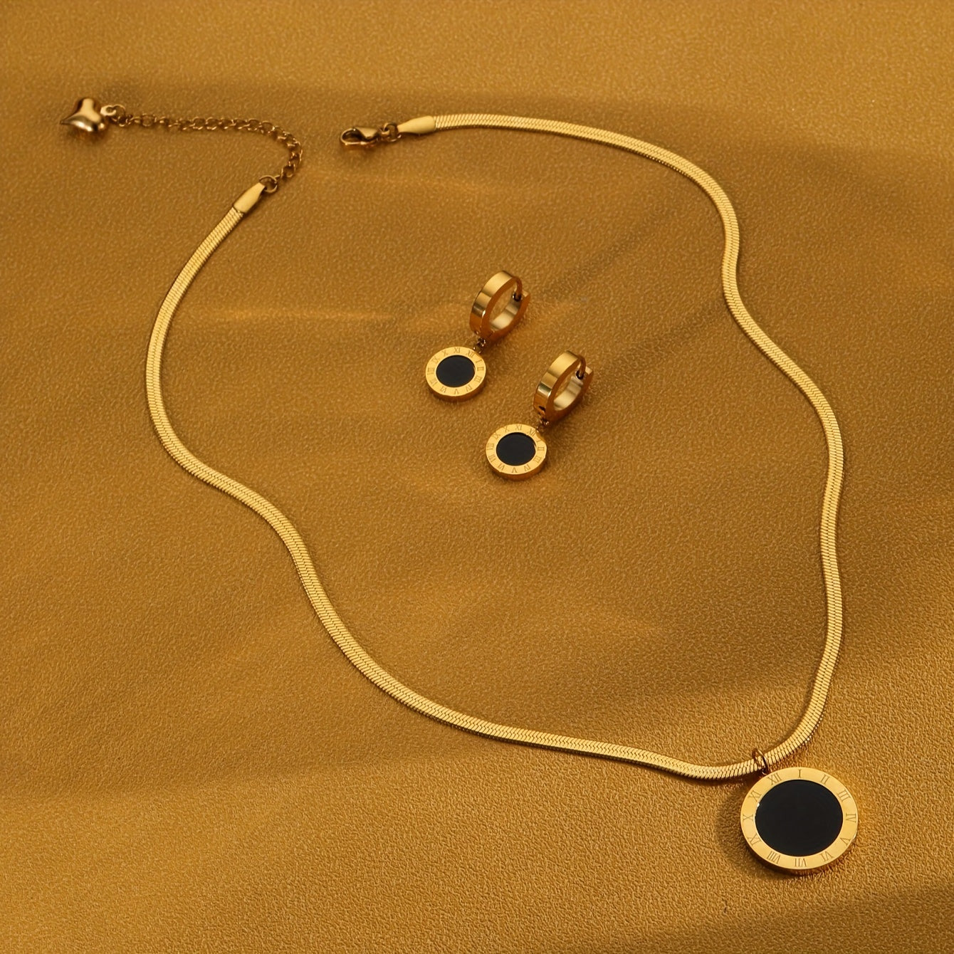 Vintage Roman Numeral Charm Necklace and Earrings Set 18K Gold Plated