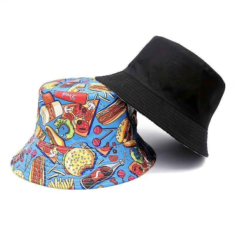 Unisex Sunshade Bucket Hat with Hamburger and Cola Print Double-sided Sun Hat