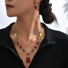 Vintage Style Faux Amber Geometric Square Necklace and Earrings Set