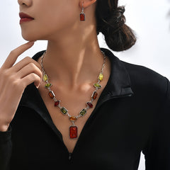 Vintage Style Faux Amber Geometric Square Necklace and Earrings Set