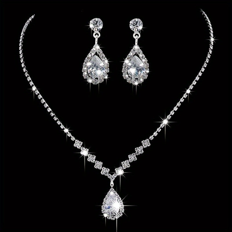 Water Drop Zirconia Decor Jewelry Set Silver Pendant Necklace & Earrings