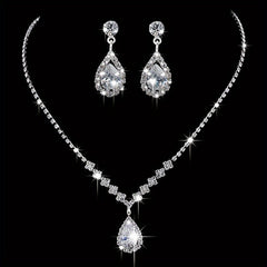 Water Drop Zirconia Decor Jewelry Set Silver Pendant Necklace & Earrings