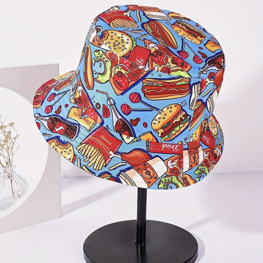 Unisex Sunshade Bucket Hat with Hamburger and Cola Print Double-sided Sun Hat