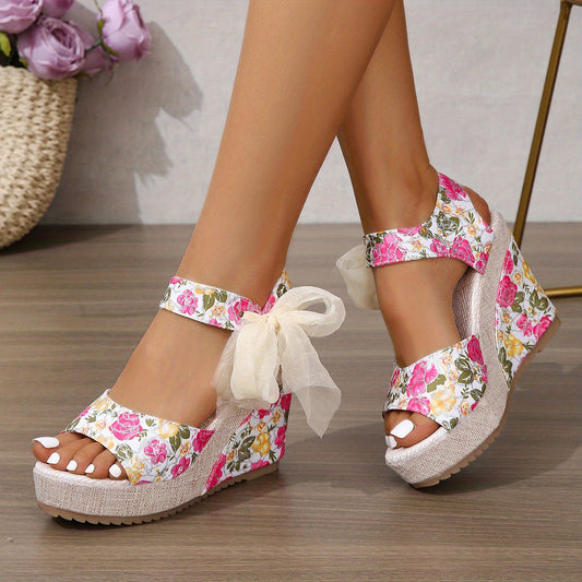Floral Platform Wedge Sandals Bowknot Open Toe Heels