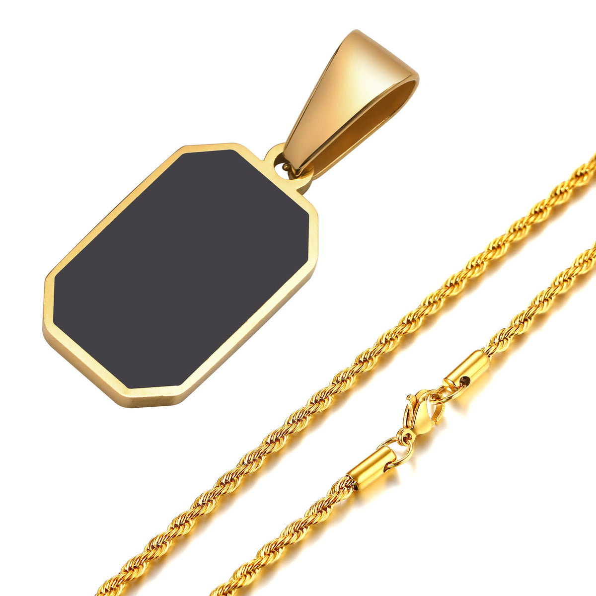 Men's Gold Plated Emerald Cut Onyx Pendant With Rope Chain