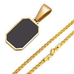 Men's Gold Plated Emerald Cut Onyx Pendant With Rope Chain