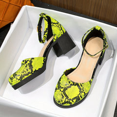 Snakeskin Chunky Heels Buckle Strap High Heels Dress Pumps