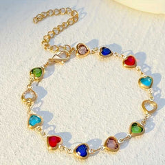Women's Gold Plated Colourful Heart Link Chain Zirconia Adjustable Bracelet