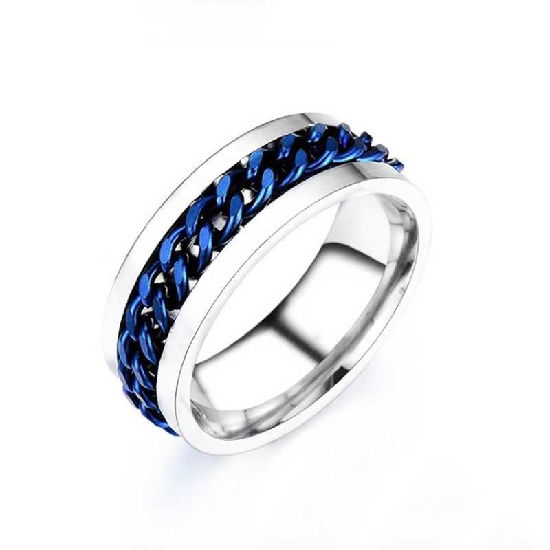 Unisex Silver Plated Fidget Spin Ring With Inlay Chain