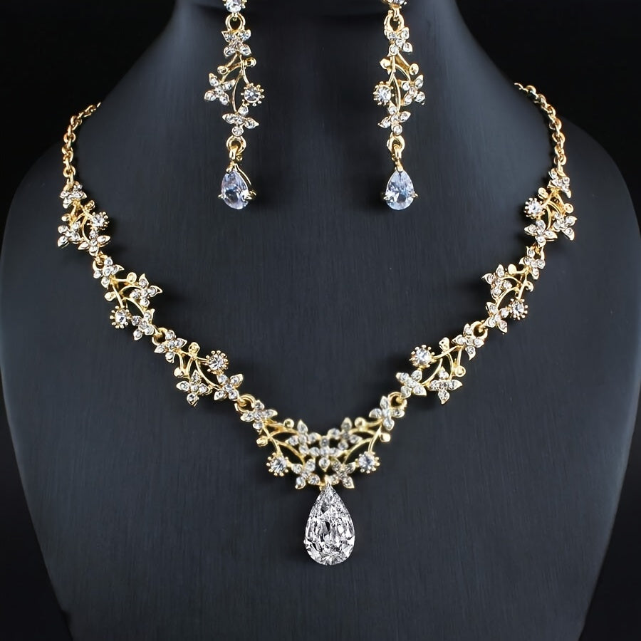 Gold Plated Floral Necklace and Earrings Set with Cubic Zirconia Accents