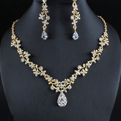 Gold Plated Floral Necklace and Earrings Set with Cubic Zirconia Accents