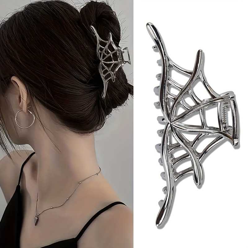 Silvery hollow spiderweb style Halloween hair claw clip with strong grip