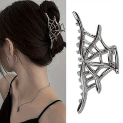 Silvery hollow spiderweb style Halloween hair claw clip with strong grip