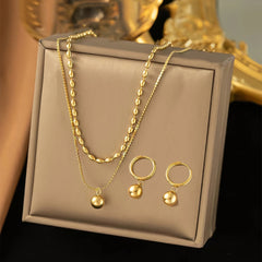 Layered Minimalist Gold Bead Pendant Necklace and Earrings Set 18K Plated