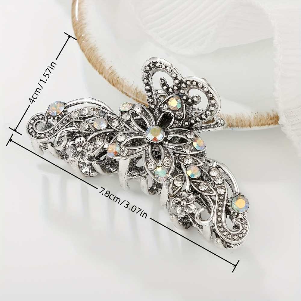 Vintage Silvery Claw Clip With Rhinestones Nonslip Jaw Design For Women
