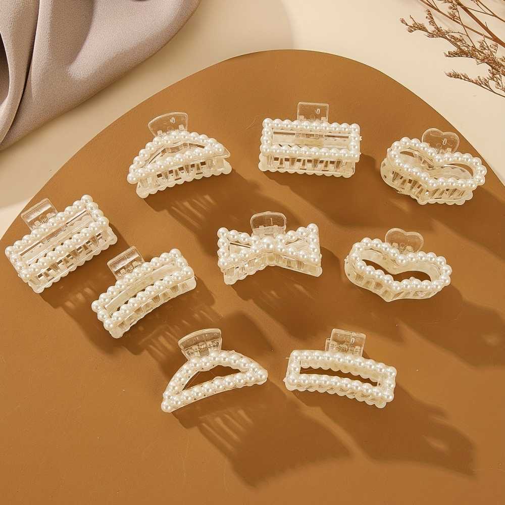 Set of 9 elegant faux pearl hair claws with non slip grip, Stylish Hair Accessory for Women