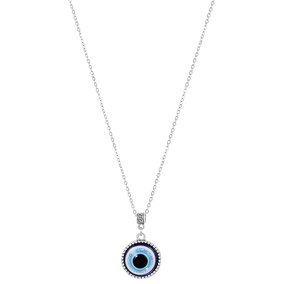 Unisex Silver Plated Chain Necklace With Vintage Blue Eye Round Pendant