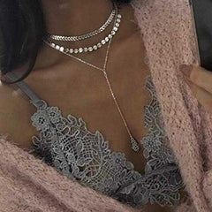Women's three layered Boho Fishbone Choker Palm Pendant Necklace