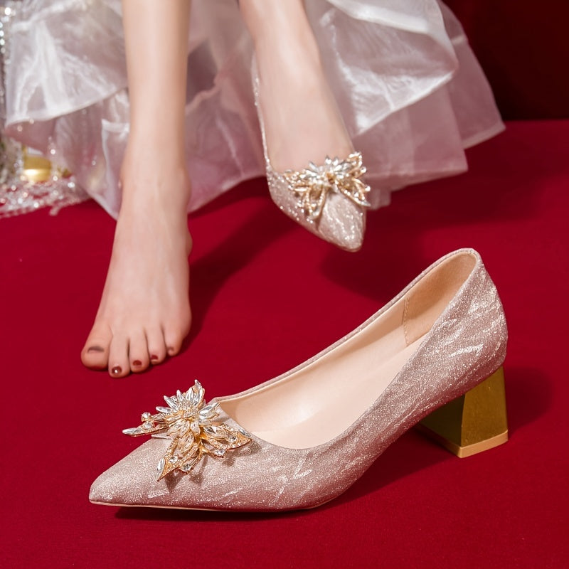 Rhinestone Block Heel Pointed Pumps Glitter Shoes