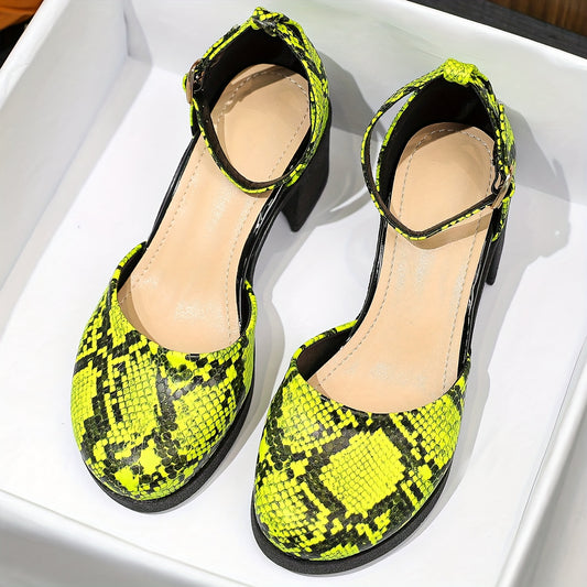Snakeskin Chunky Heels Buckle Strap High Heels Dress Pumps
