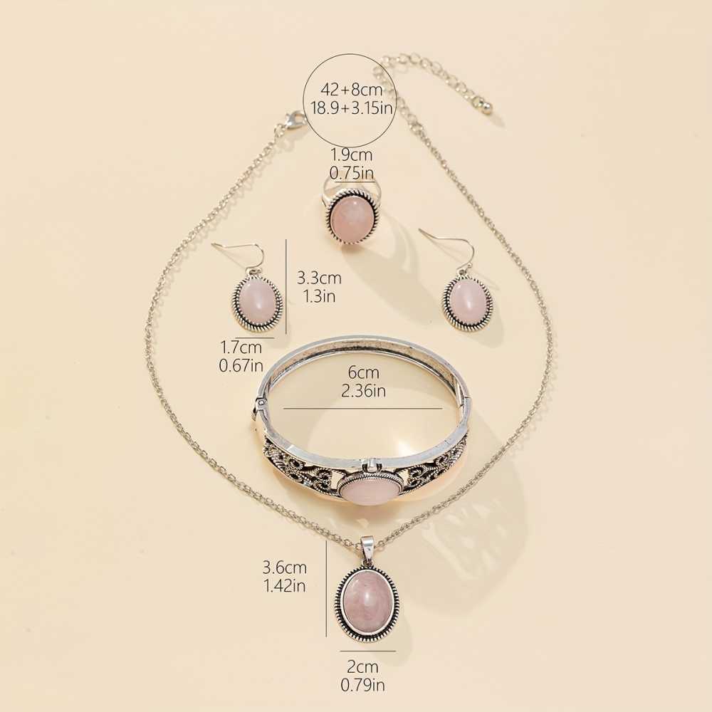 Boho Style Silver Plated Jewelry Set with Necklace, Earrings, Bangle, and Ring Inlaid with Pink Natural Stone