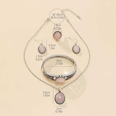 Boho Style Silver Plated Jewelry Set with Necklace, Earrings, Bangle, and Ring Inlaid with Pink Natural Stone